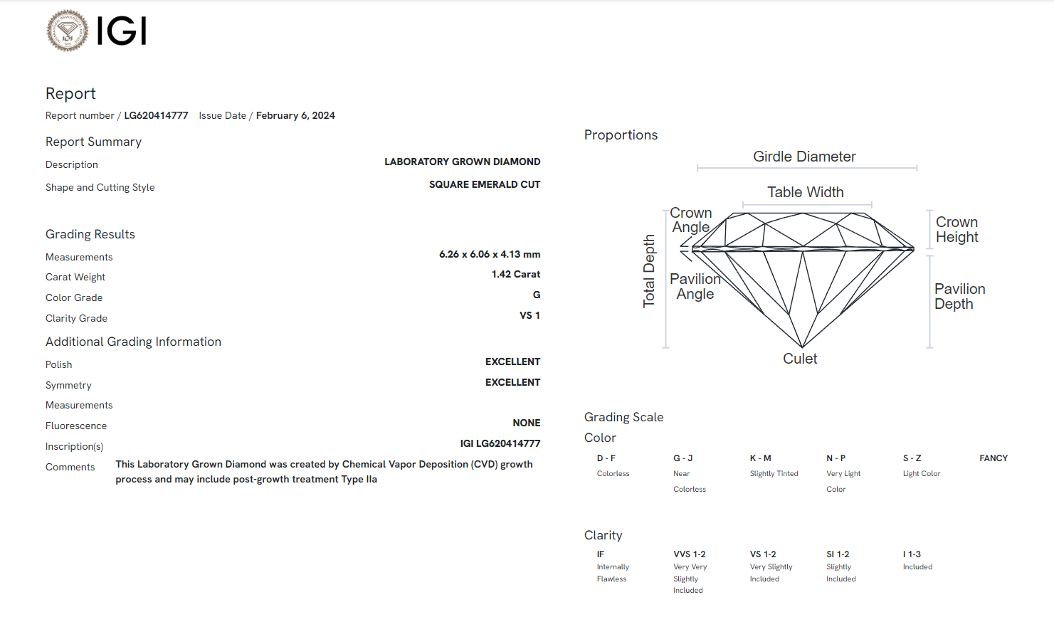 James Diamond Lab-Grown Asscher Cut 1.42ct G/VS1 – IGI Certified – SKU 620414777