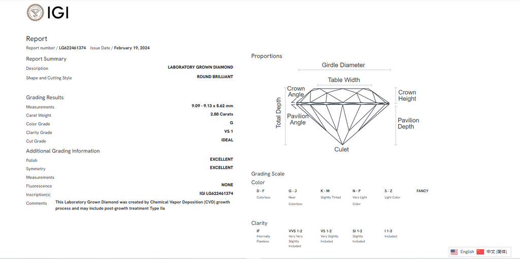 James Diamond Lab-Grown Round Brilliant 2.88ct G/VS1 – IGI Certified – SKU 622461374