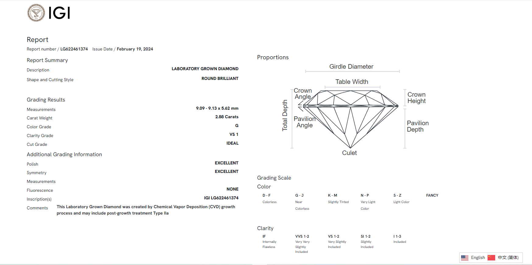 James Diamond Lab-Grown Round Brilliant 2.88ct G/VS1 – IGI Certified – SKU 622461374