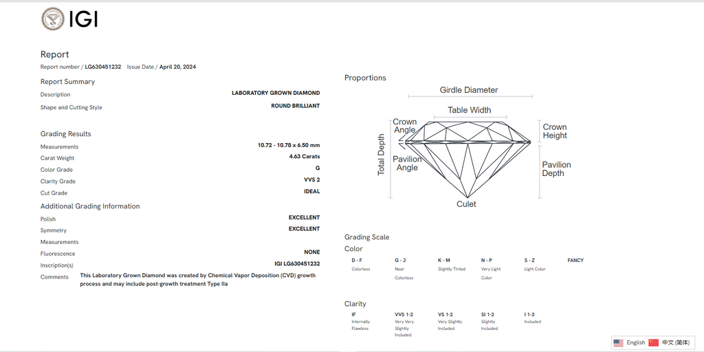 James Diamond Lab-Grown Round Brilliant 4.63ct G/VVS2 – IGI Certified – SKU 630451232