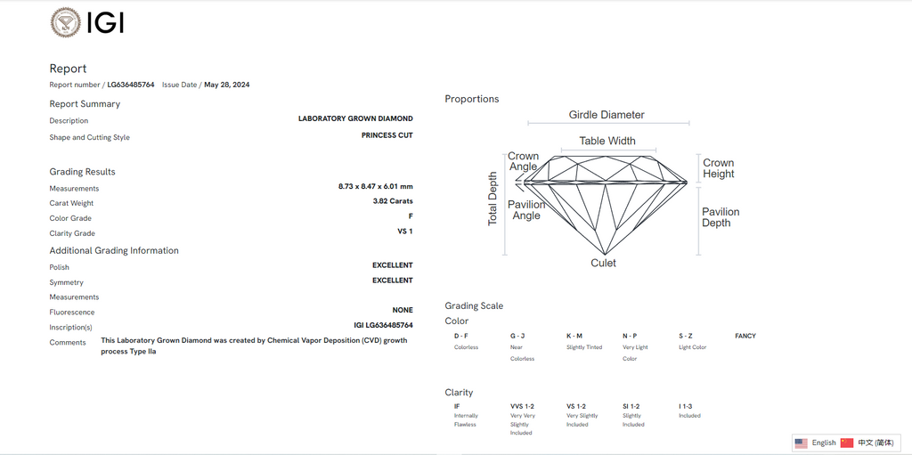 James Diamond Lab-Grown Princess Cut 3.82ct F/VS1 – IGI Certified – SKU 636485764
