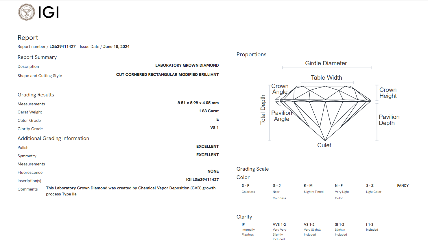 James Diamond Lab-Grown Radiant Cut 1.83ct E/VS1 – IGI Certified – SKU 639411427