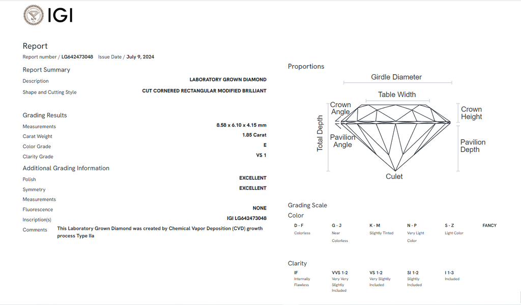 James Diamond Lab-Grown Radiant Cut 1.85ct E/VS1 – IGI Certified – SKU 642473048