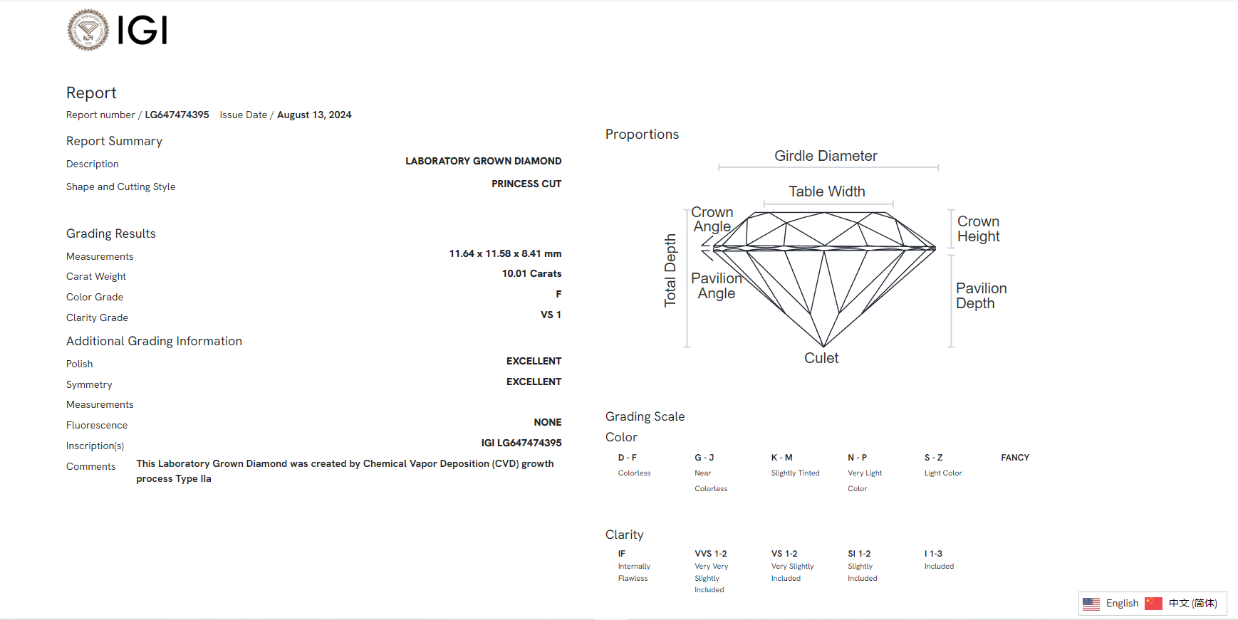 James Diamond Lab-Grown Princess Cut 10.01ct F/VS1 – IGI Certified – SKU 647474395