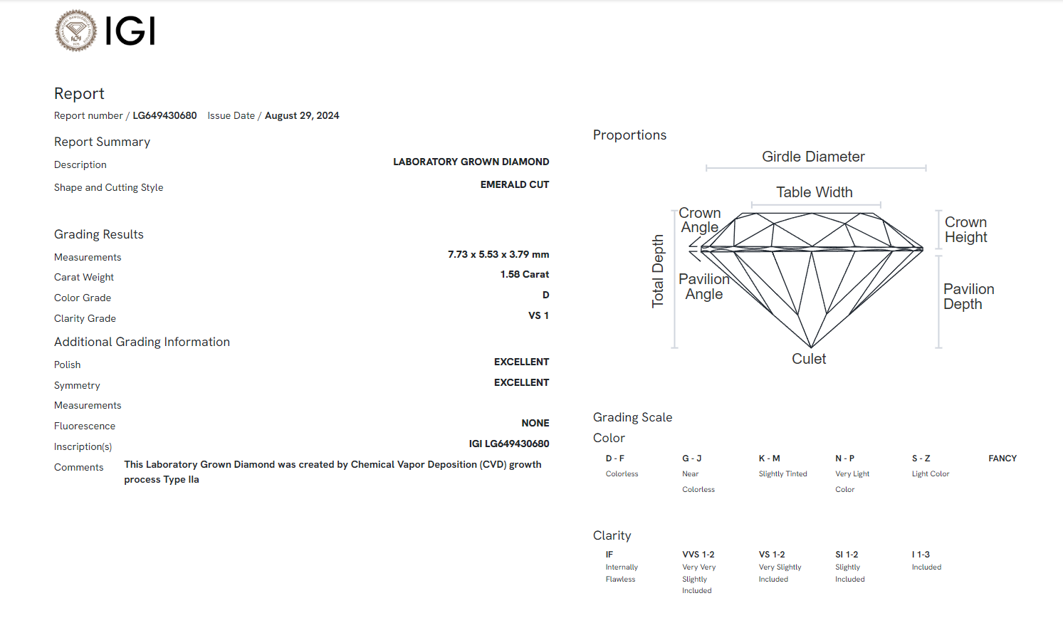 James Diamond Lab-Grown Emerald Cut 1.58ct D/VS1 – IGI Certified – SKU 649430680