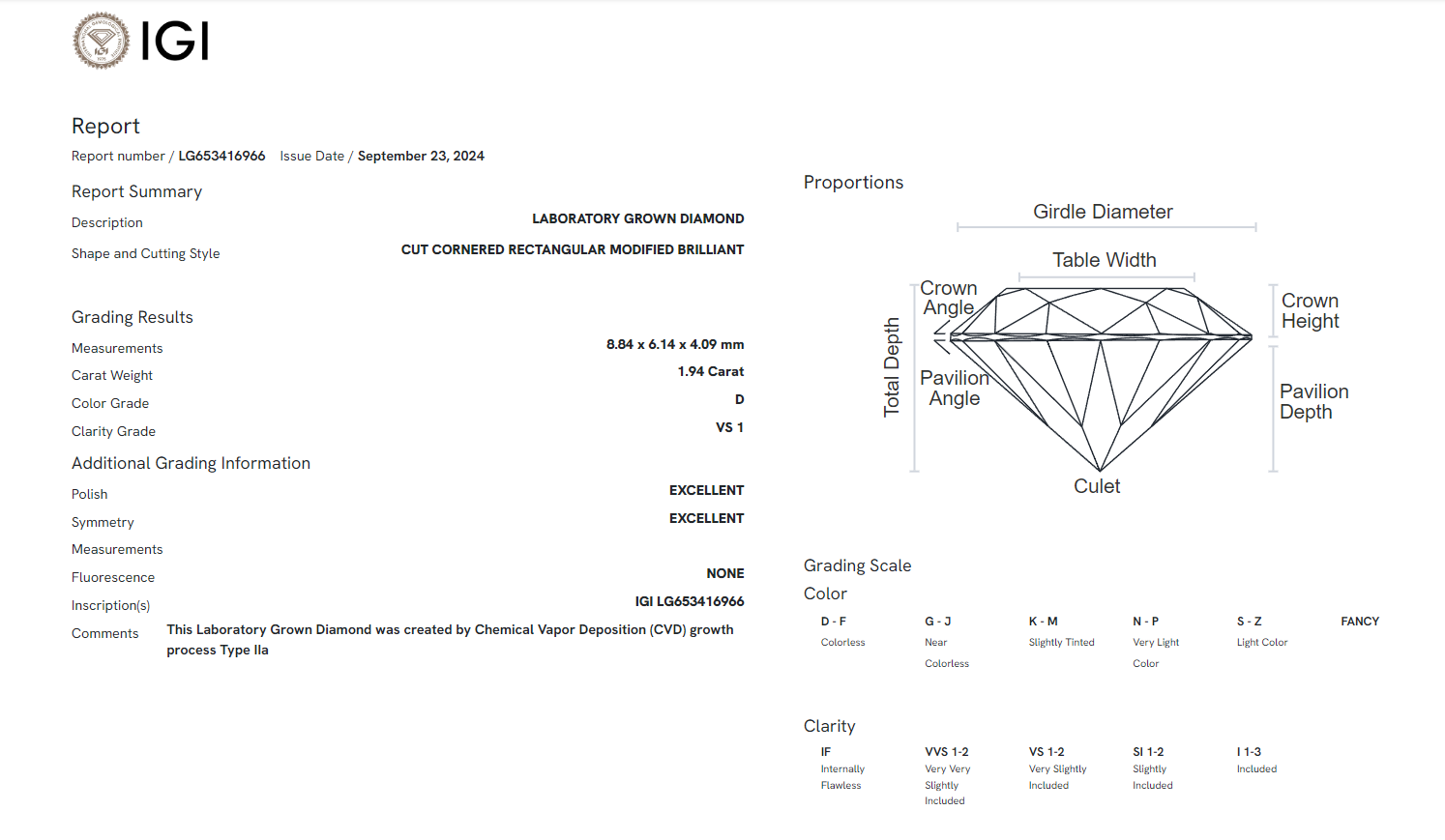James Diamond Lab-Grown Radiant Cut 1.94ct D/VS1 – IGI Certified – SKU 653416966
