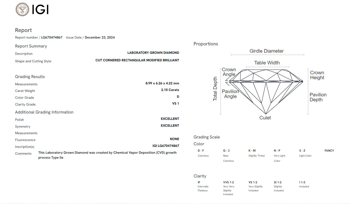 James Diamond Lab-Grown Radiant Cut 2.10ct D/VS1 – IGI Certified – SKU 670474867