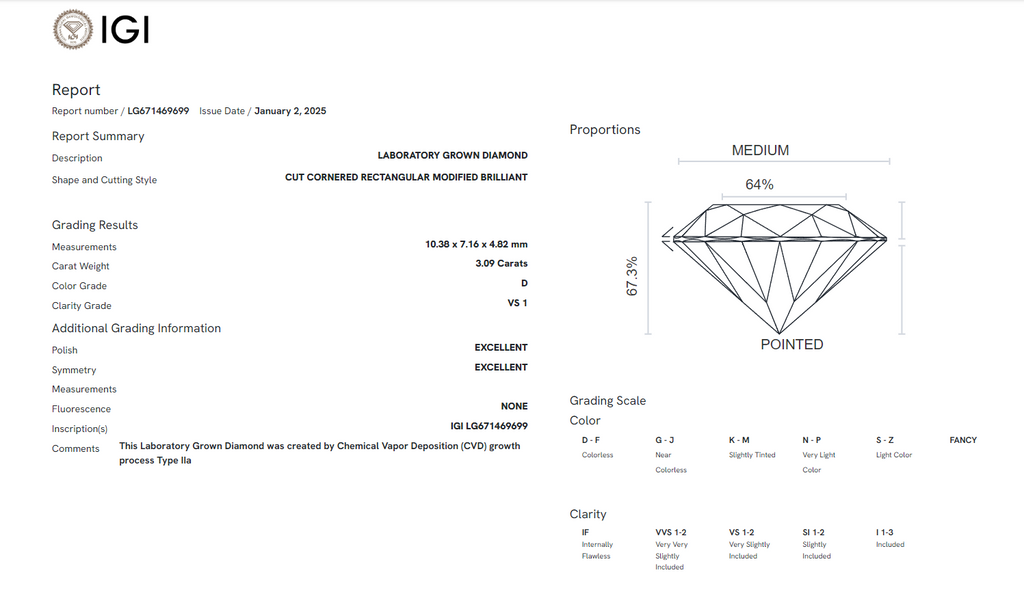 James Diamond Lab-Grown Radiant Cut 3.09ct D/VS1 – IGI Certified – SKU 671469699