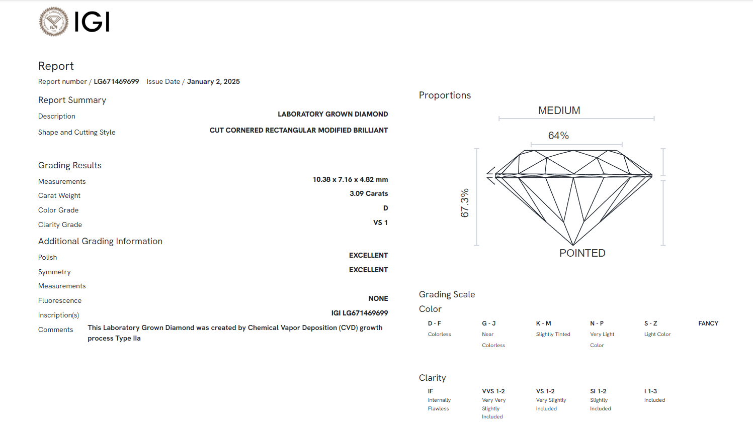 James Diamond Lab-Grown Radiant Cut 3.09ct D/VS1 – IGI Certified – SKU 671469699