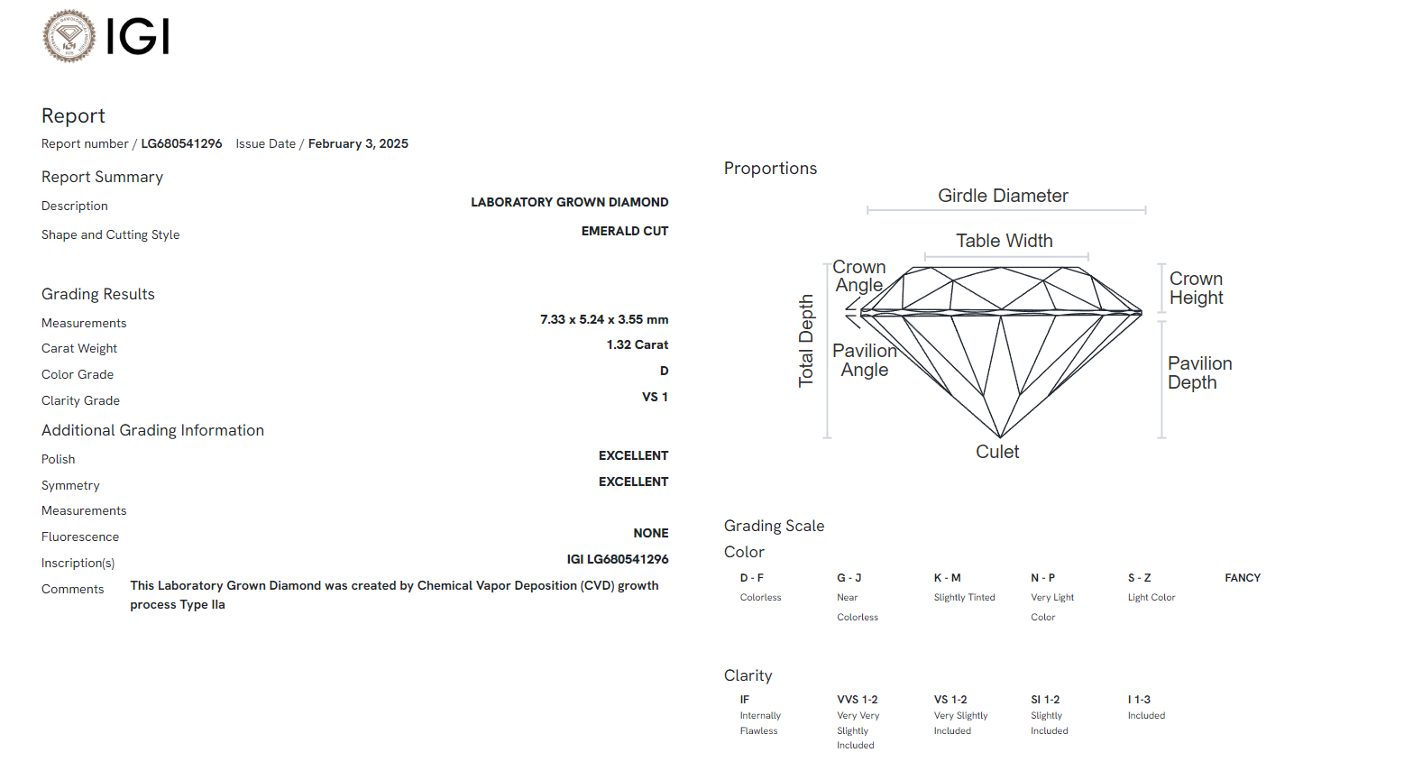 James Diamond Lab-Grown Emerald Cut 1.32ct D/VS1 – IGI Certified – SKU 680541296