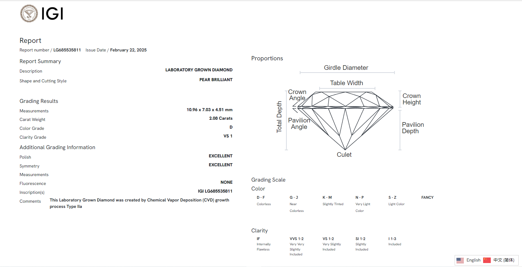 James Diamond Lab-Grown Pear Cut 2.08ct D/VS1 – IGI Certified – SKU 685535811