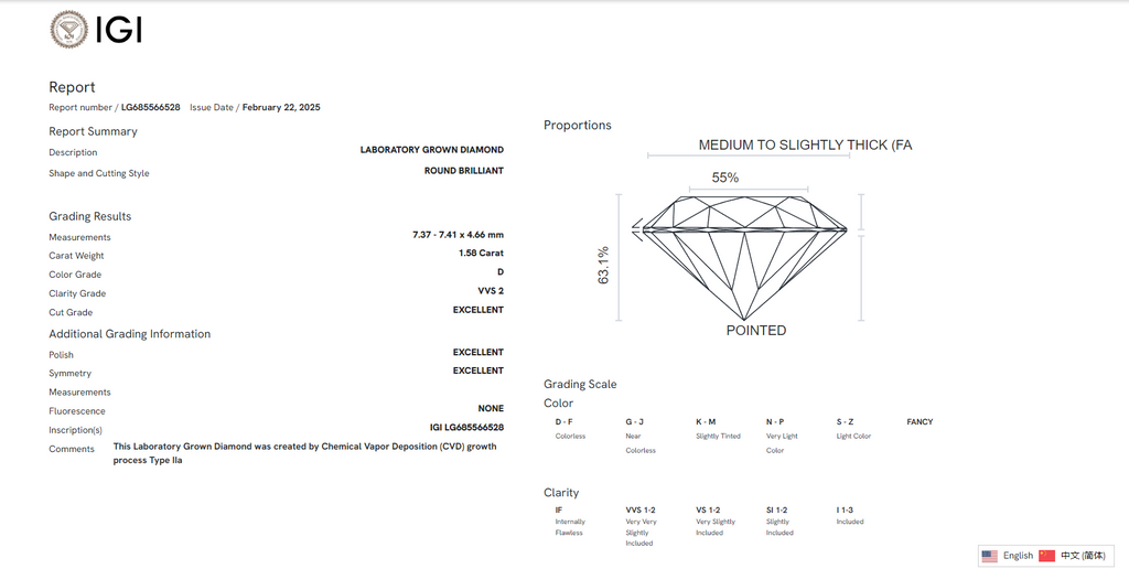 James Diamond Lab-Grown Round Brilliant 1.58ct D/VVS2 – IGI Certified – SKU 685566528