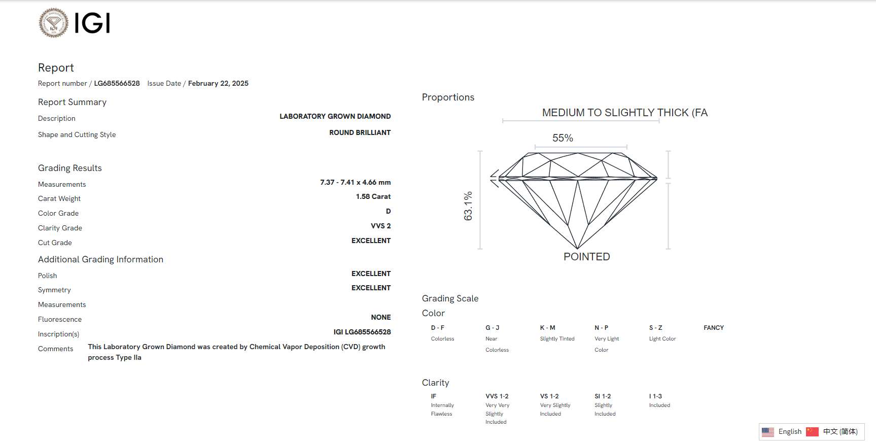 James Diamond Lab-Grown Round Brilliant 1.58ct D/VVS2 – IGI Certified – SKU 685566528