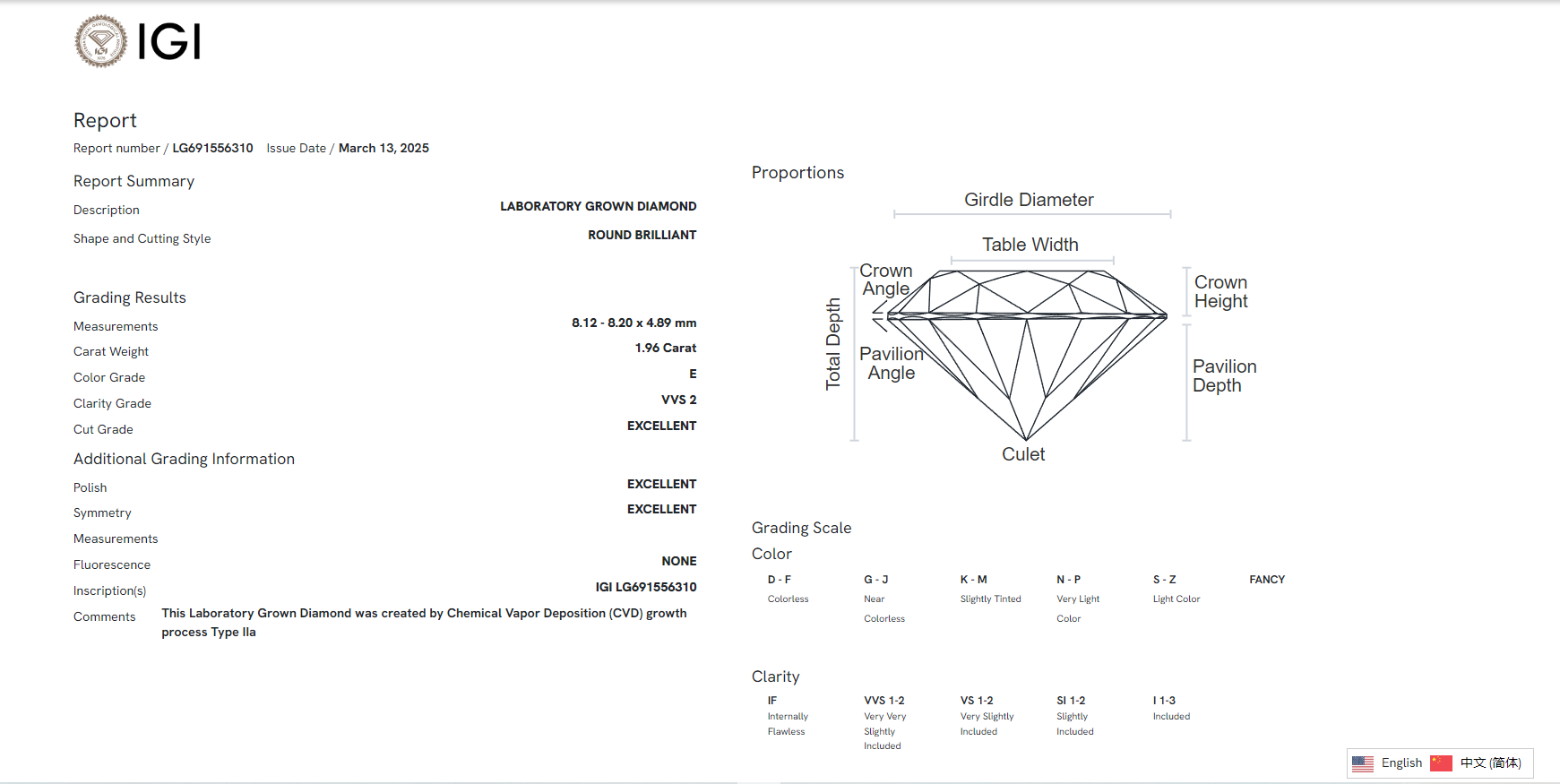 James Diamond Lab-Grown Round Brilliant 1.96ct E/VVS2 – IGI Certified – SKU 691556310