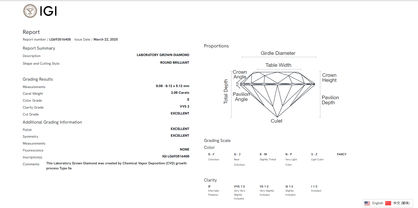 James Diamond Lab-Grown Round Brilliant 2.08ct E/VVS2 – IGI Certified – SKU 693516408