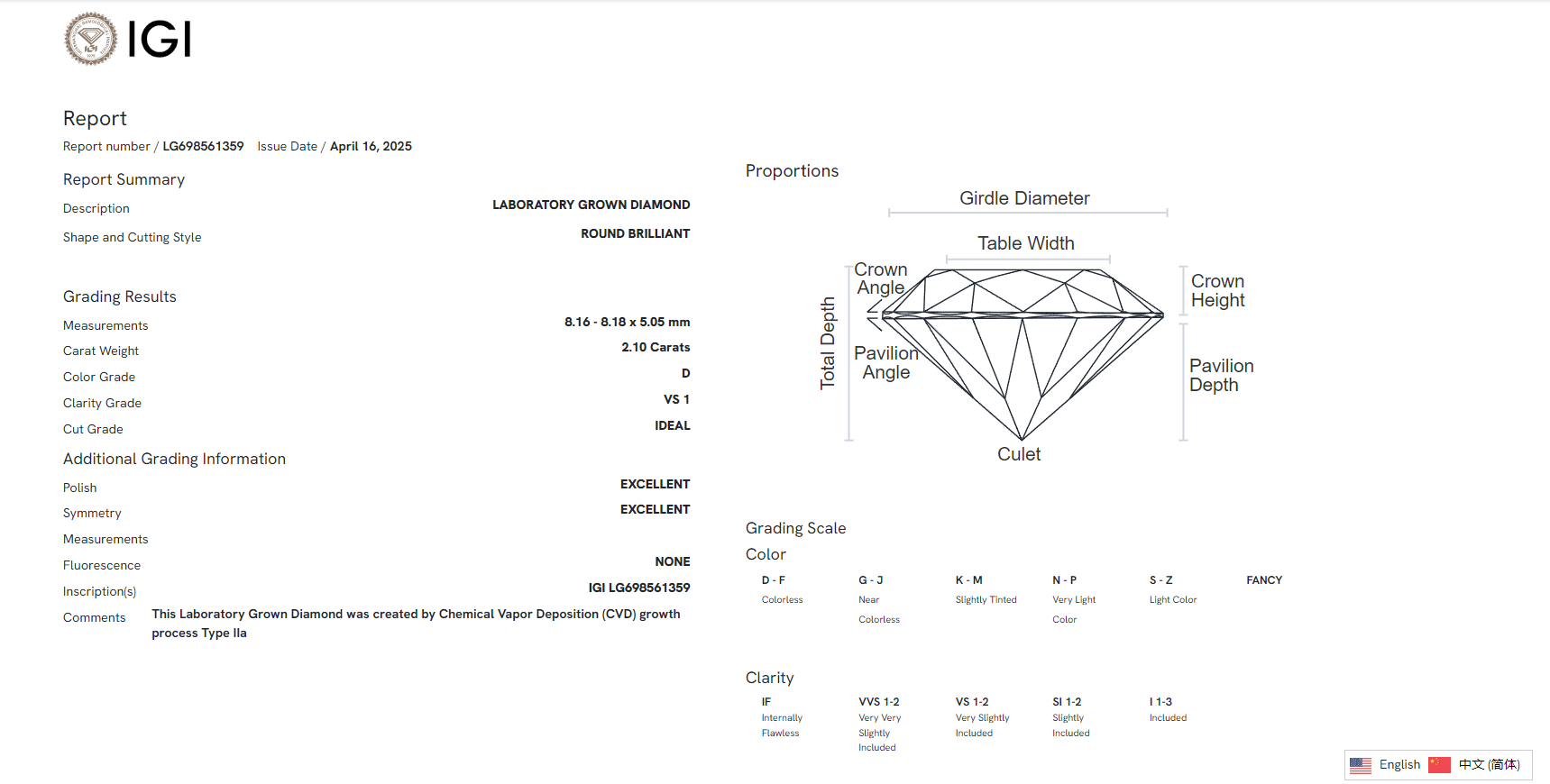 James Diamond Lab-Grown Round Brilliant 2.10ct D/VS1 – IGI Certified – SKU 698561359