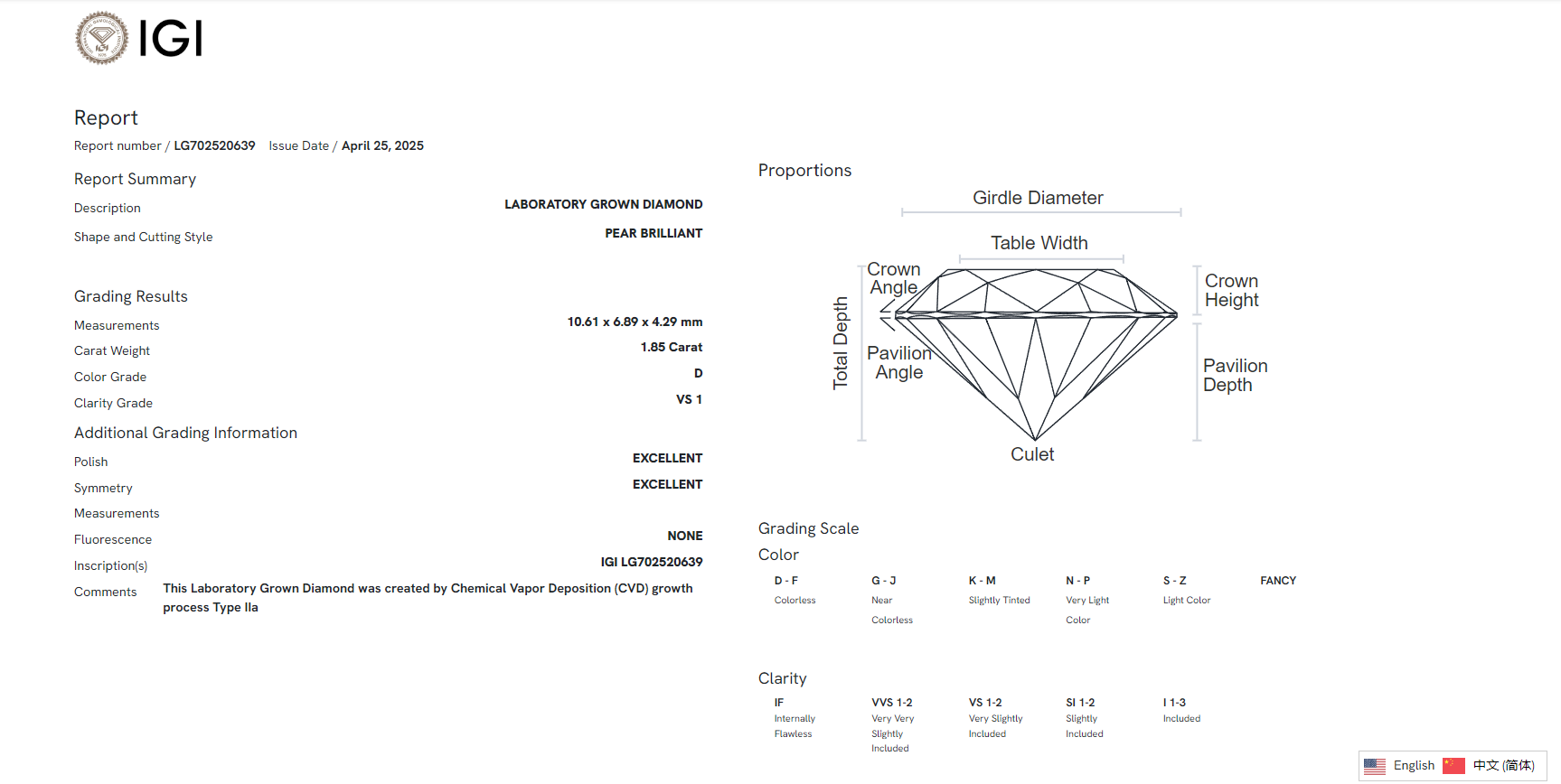 James Diamond Lab-Grown Pear Cut 1.85ct D/VS1 – IGI Certified – SKU 702520639