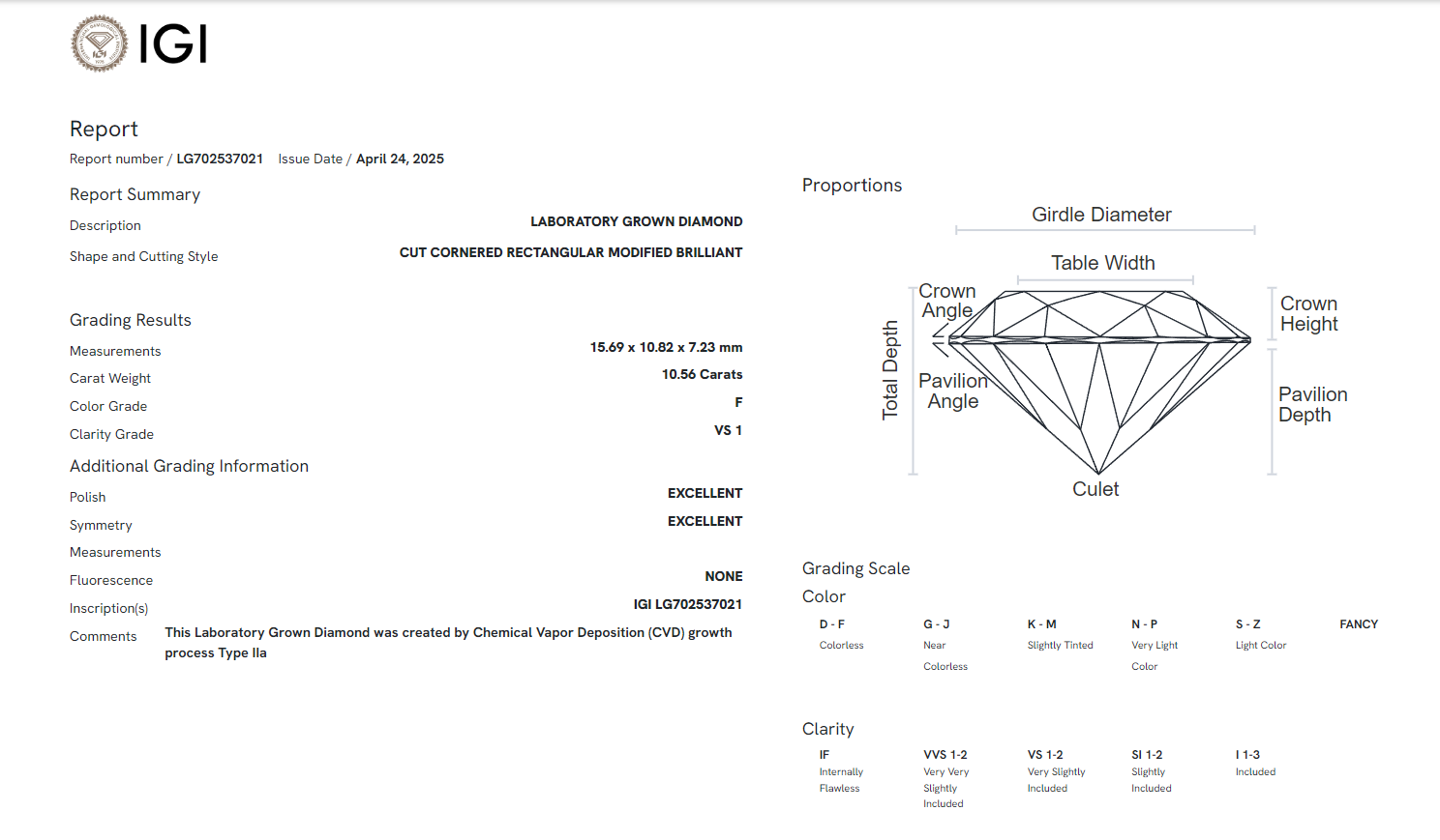 James Diamond Lab-Grown Radiant Cut 10.56ct F/VS1 – IGI Certified – SKU 702537021