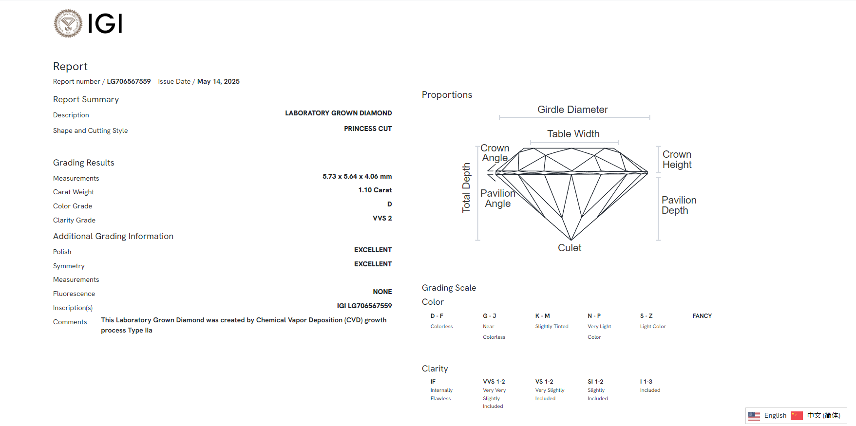 James Diamond Lab-Grown Princess Cut 1.10ct D/VVS2 – IGI Certified – SKU 706567559