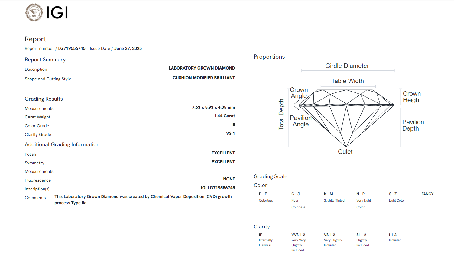James Diamond Lab-Grown Cushion Cut 1.44ct E/VS1 – IGI Certified – SKU 719556745