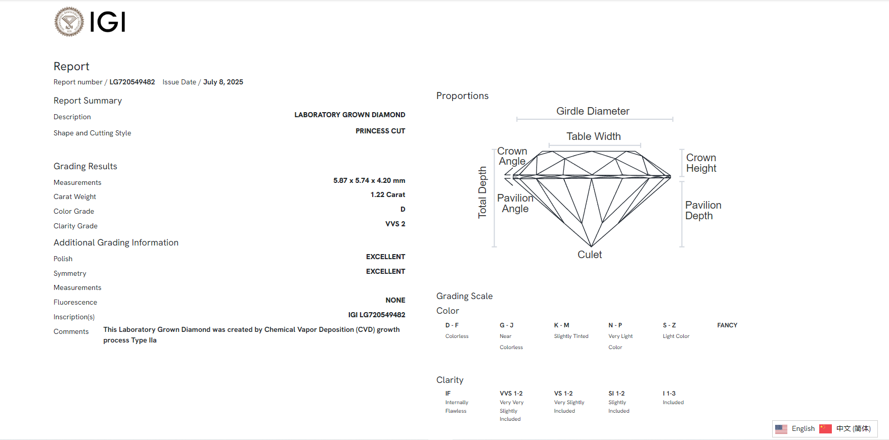 James Diamond Lab-Grown Princess Cut 1.22ct D/VVS2 – IGI Certified – SKU 720549482