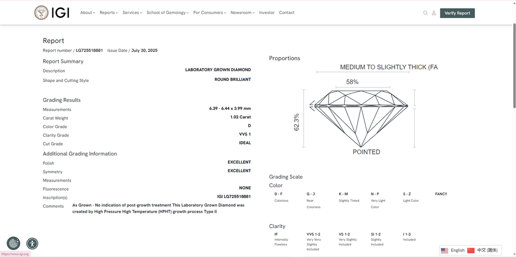 James Diamond Lab-Grown Round Brilliant 1.02ct D/VVS1 – IGI Certified – SKU 725518881