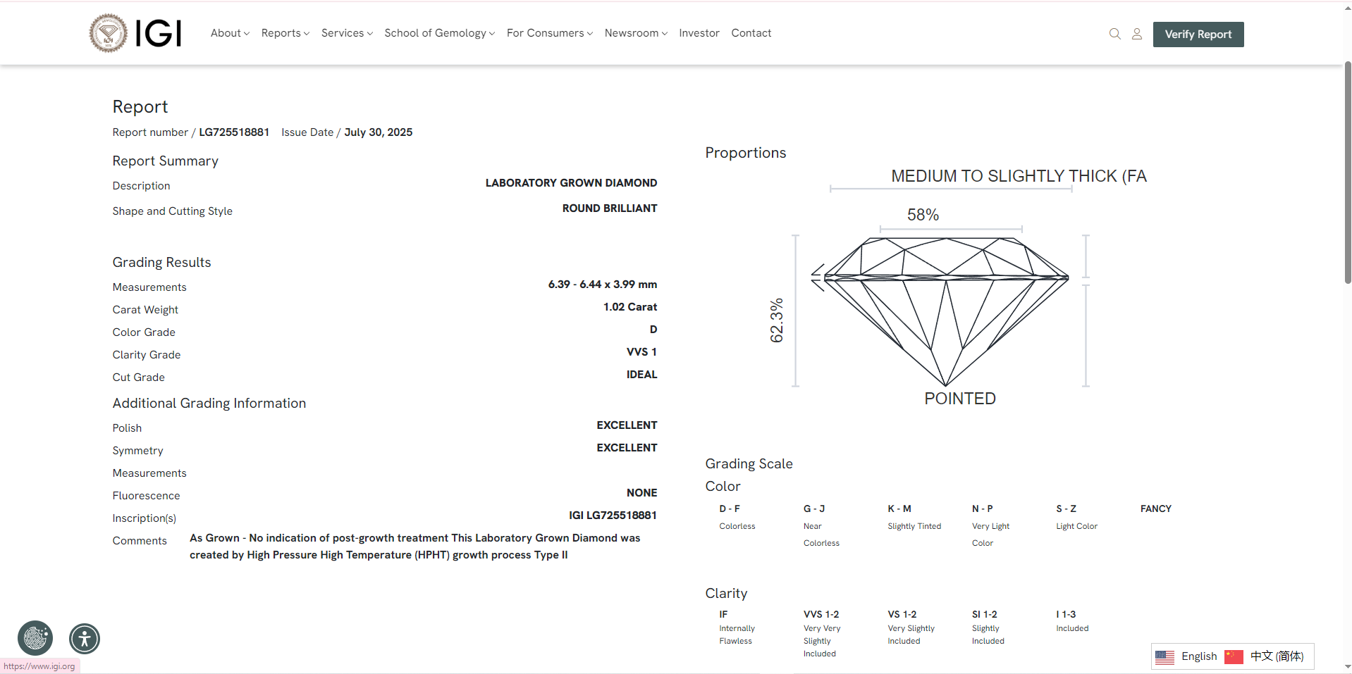 James Diamond Lab-Grown Round Brilliant 1.02ct D/VVS1 – IGI Certified – SKU 725518881