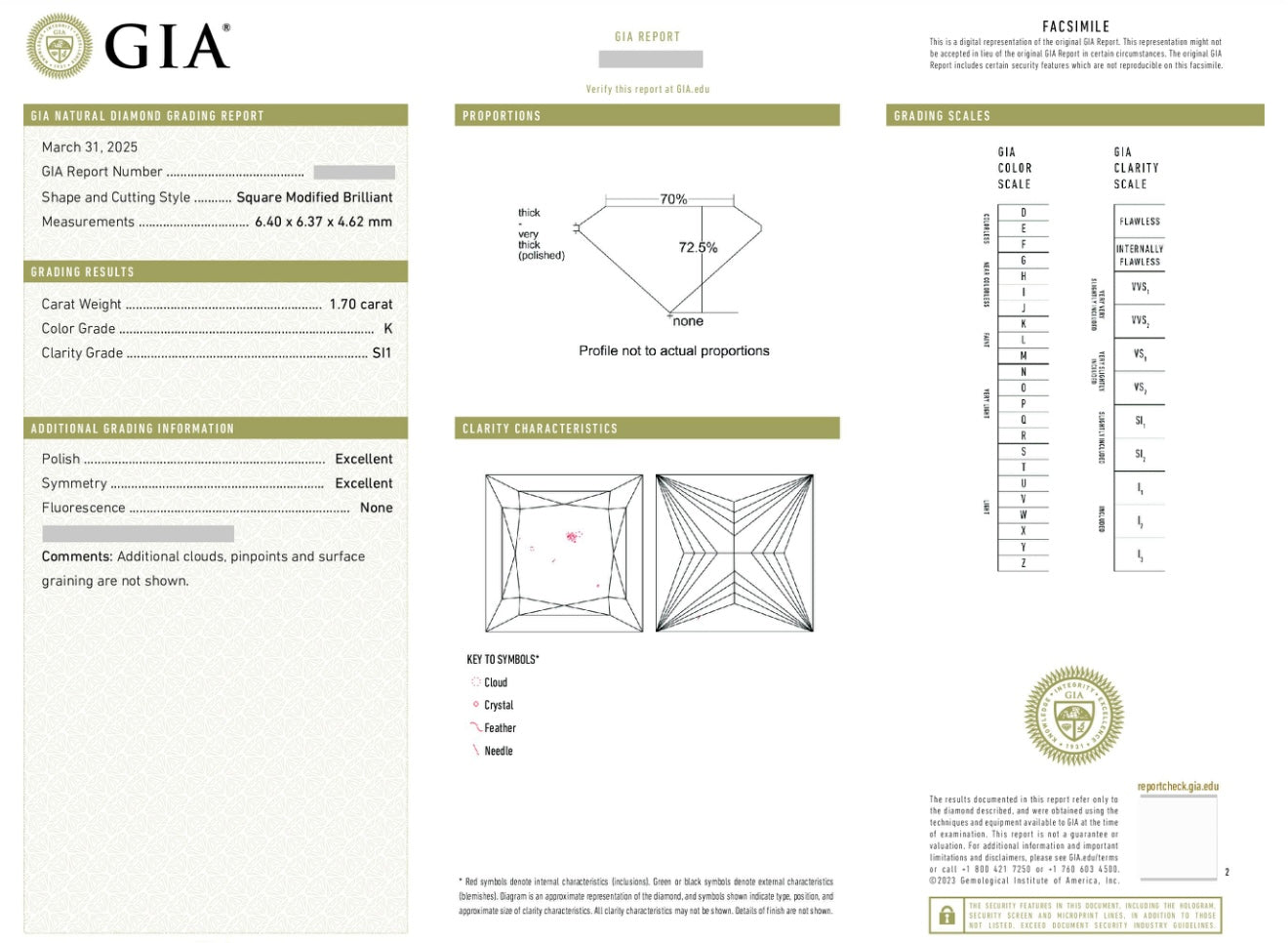Natural Diamond 💎 Princess / GIA Cert 1.7 carat K/Si1 💎